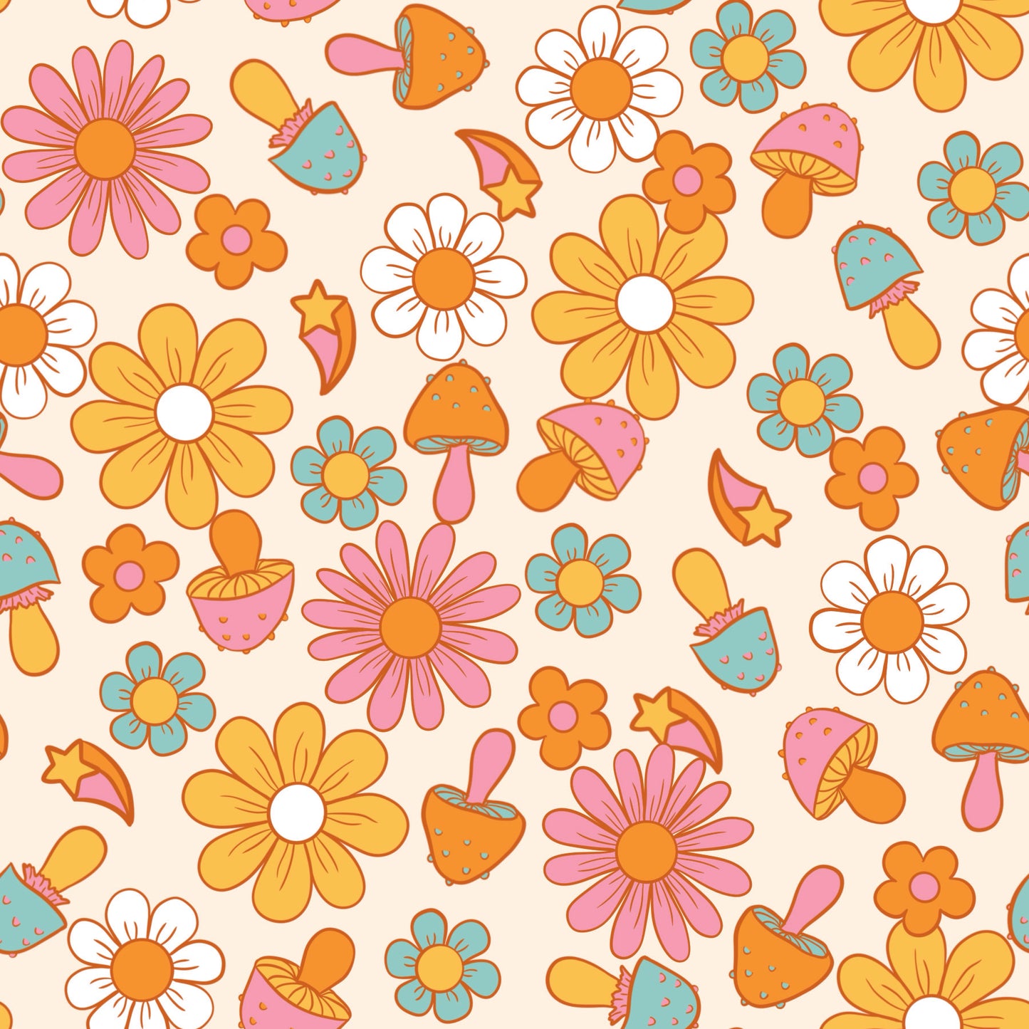 Retro Groovy Mushrooms & Daisies